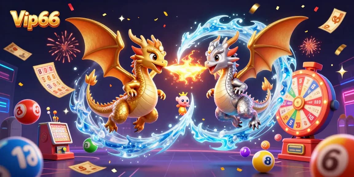 Engage with the captivating action of Vip66 as golden and silver dragons represent luck in this vibrant casino scene.