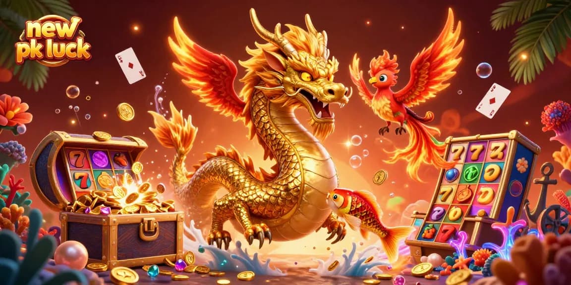 Engage winning strategies at new pk luck casino with vibrant gaming elements, dragon, and phoenix
