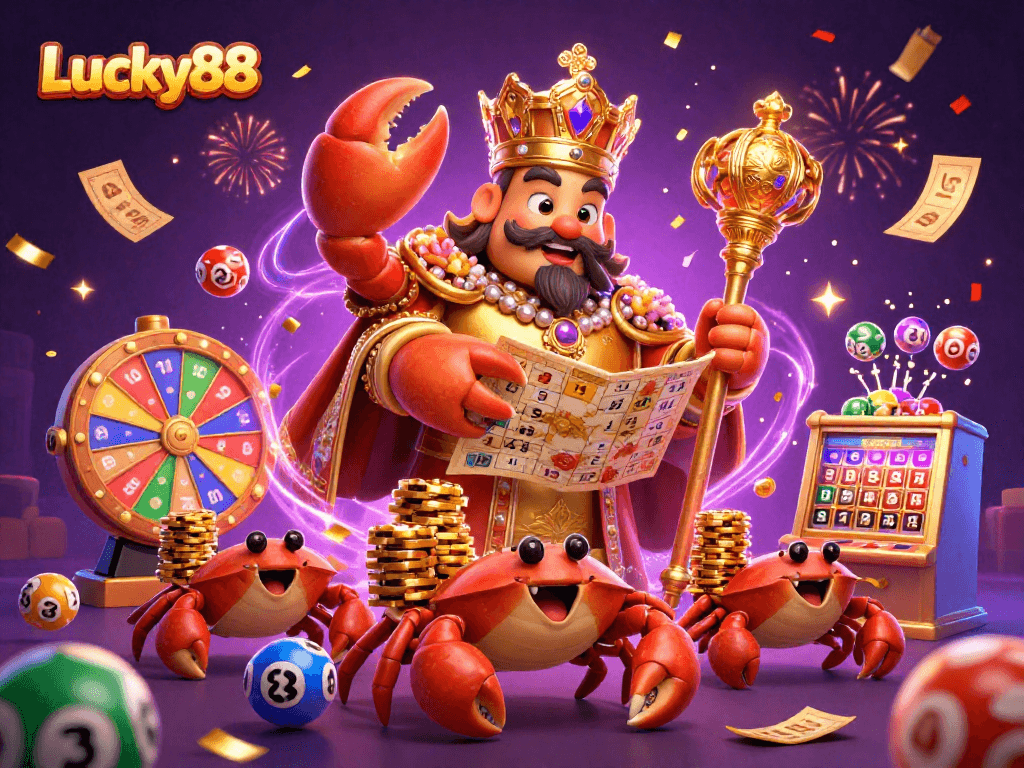 Experience the excitement of Lucky88's casino scene with vibrant lottery elements and a golden crab emperor.