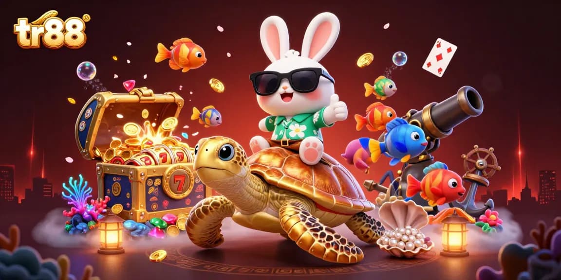 Spin the reels at tr88 with a festive lucky rabbit, golden turtle, and treasure around.