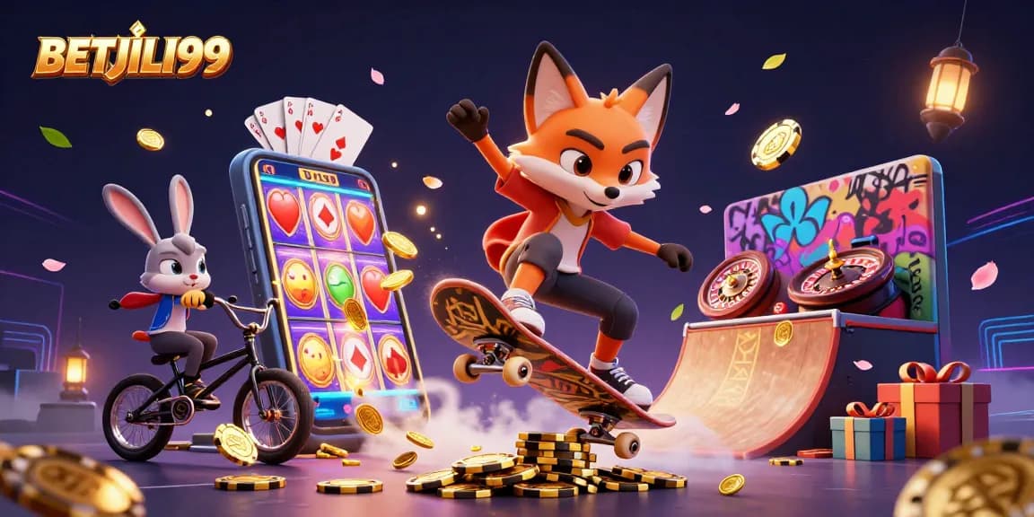 Experience BETJILI99 with a lively 3D scene of a skateboarder fox and BMX rabbit in a vibrant casino setting.