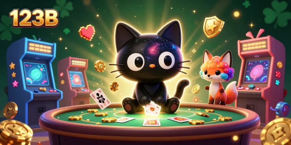 Engage in thrilling gameplay as 123B's cosmic casino showcases a black hole cat pulling cards and chips.