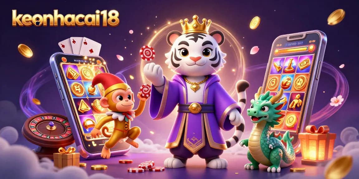 Engage in the thrill of gaming with keonhacai18's lively 3D illustration featuring iconic casino elements.