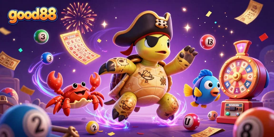 Good88 offers exciting online casino fun with vibrant illustrations of pirate turtle and colorful lottery elements.