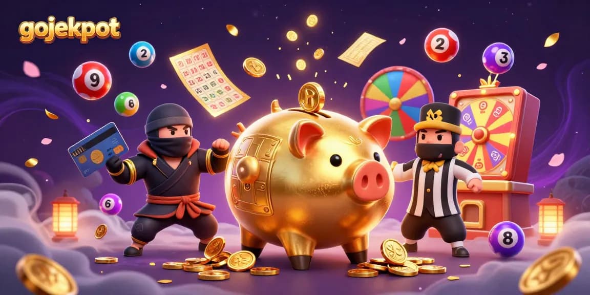 Engage in the thrilling gojekpot showdown with a piggy bank sumo wrestler and ninja in a casino-themed illustration.