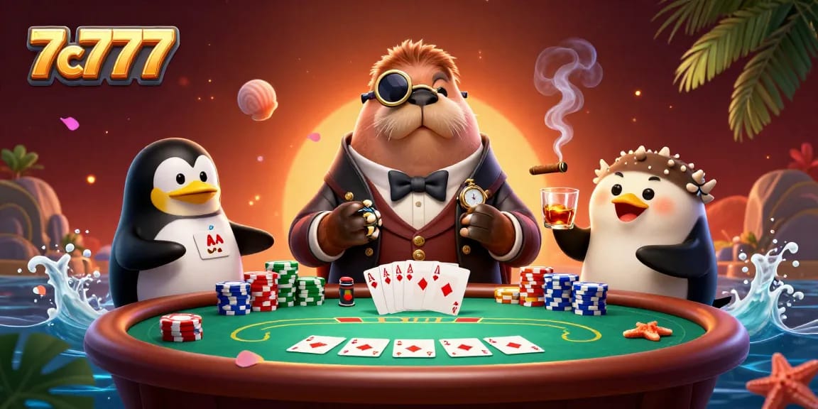 Experience the underwater poker scene with 7c777, featuring a walrus and pufferfish in action.