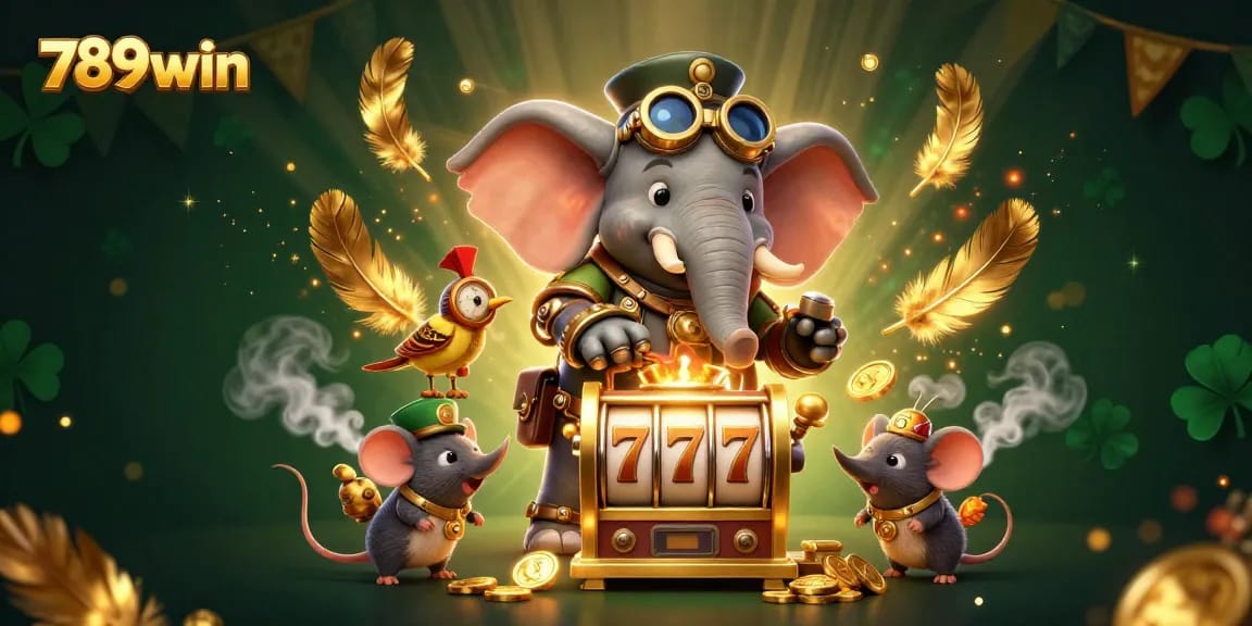 Engage with dynamic slot gameplay featuring 789win's steampunk elephant engineer, spinning the reels for big wins.