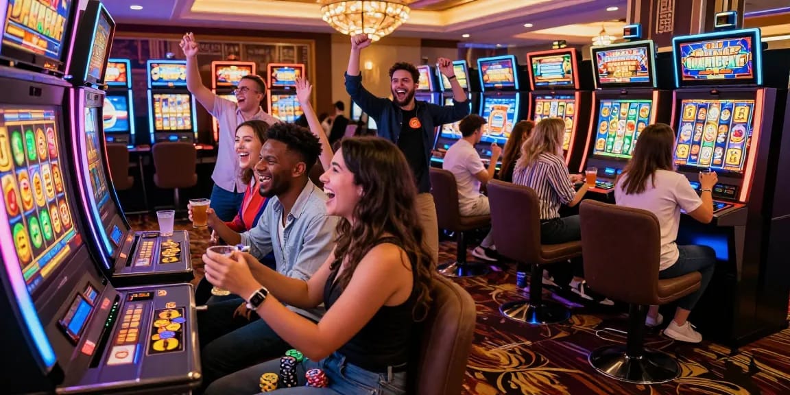 Your friends celebrating a slot jackpot win in a lively casino atmosphere