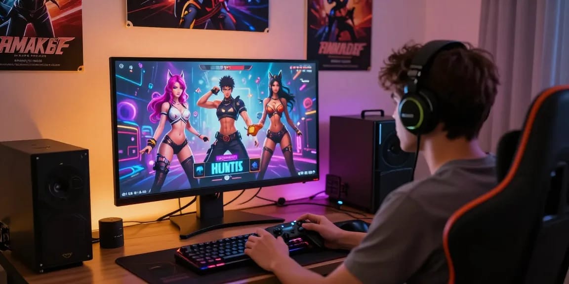 Player engaged in an HTML hentai game, surrounded by colorful graphics and gaming equipment, creating an immersive adult gaming atmosphere.