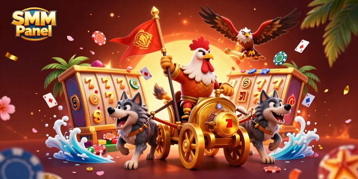 Engage with the SMM Panel through an exciting casino-themed illustration featuring dynamic characters and gambling elements.
