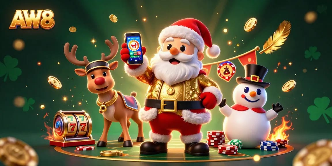 Experience the thrill of AW8 as Santa Claus celebrates jackpot slots in a vibrant 3D casino.