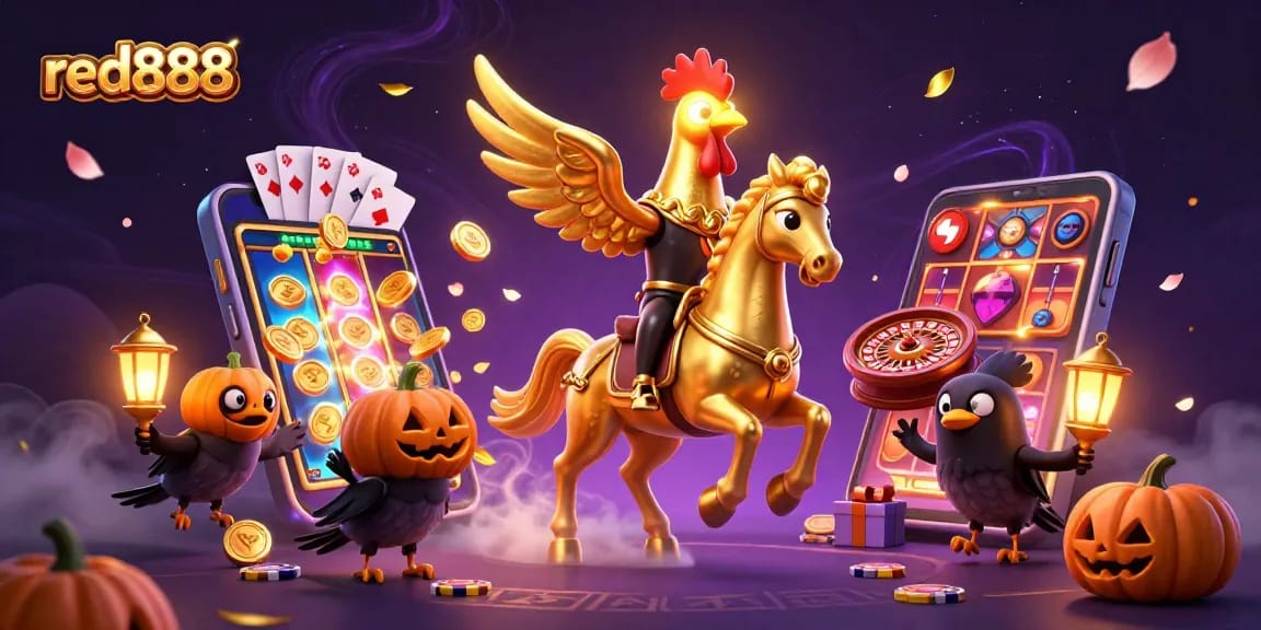 Experience the excitement of red888 with a golden rooster and gaming elements in a vibrant casino scene.
