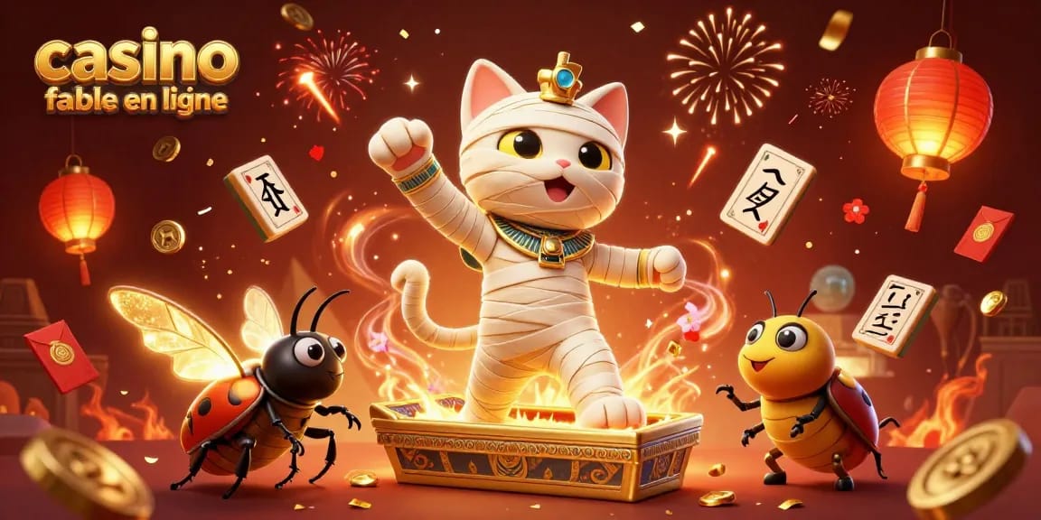 Jouez dans un casino fiable en ligne avec l'image d'un chat momie égyptien et de cartes flottantes.