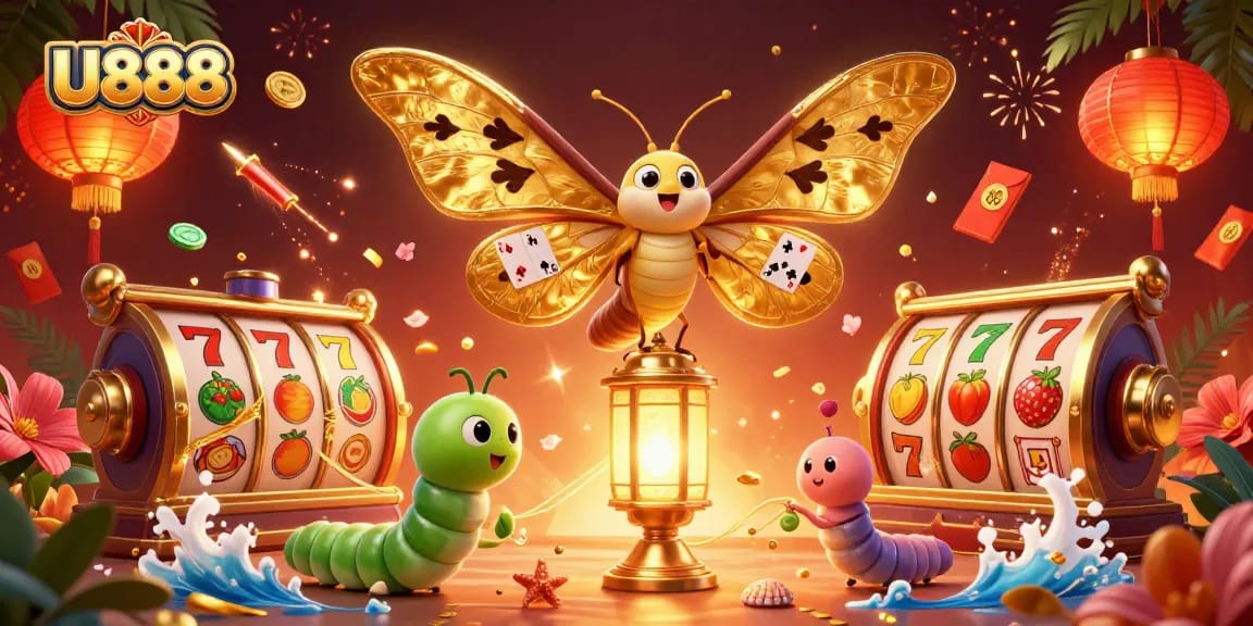 Experience U888's vibrant casino atmosphere featuring a majestic moth and slots.