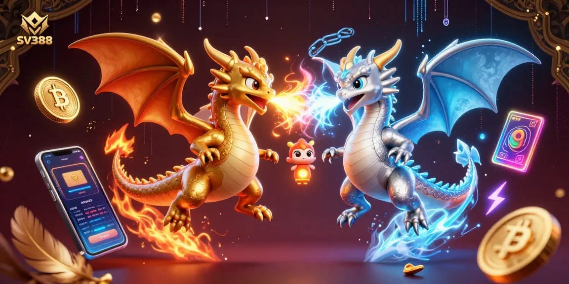 Engage in epic cockfighting with SV388's thrilling arena featuring dynamic dragons and digital elements.