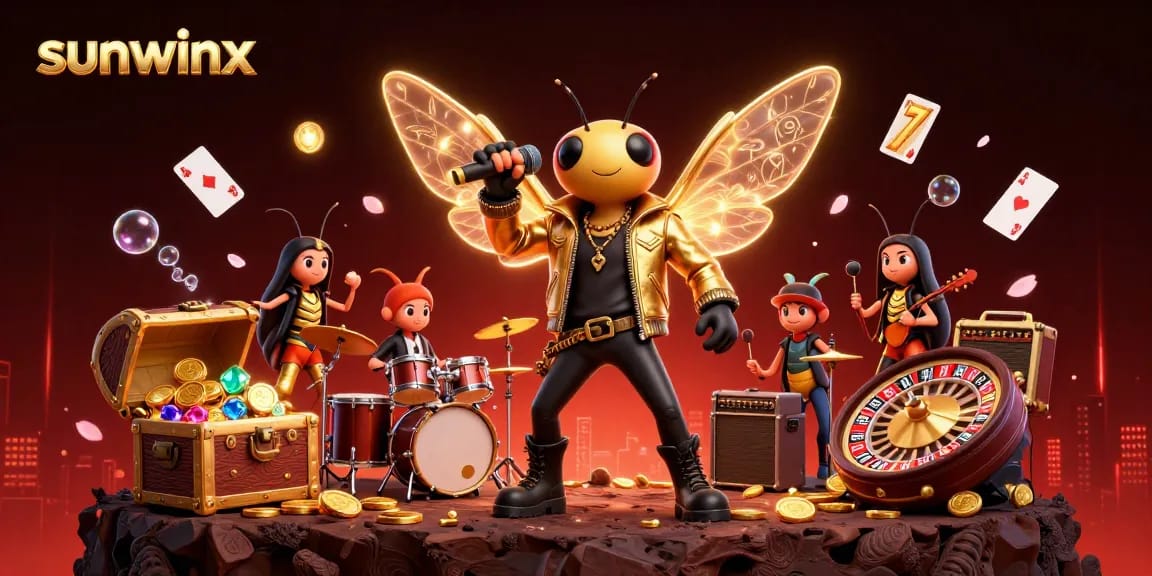 Experience thrilling games at sunwinx with an exciting 3D illustration showcasing a rock star cicada, slot reels, and vibrant casino elements.