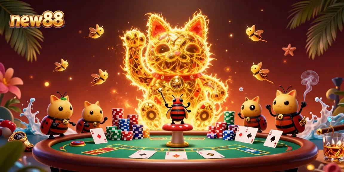Experience the excitement of new88 with a vibrant, golden lucky cat surrounded by poker elements and thrilling casino symbols.