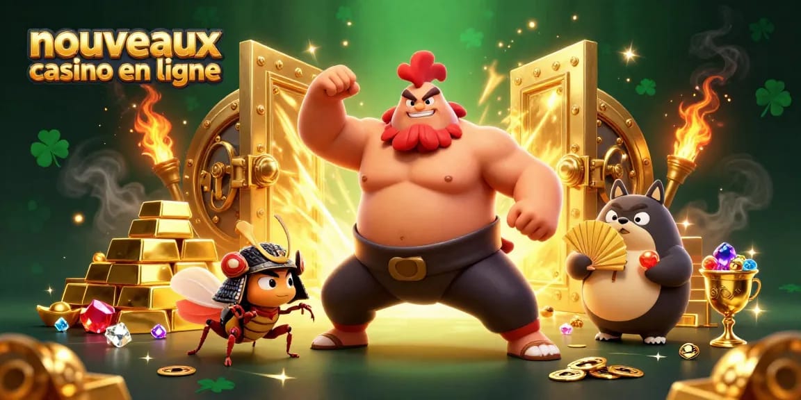 Illustration vibrante des nouveaux casinos en ligne avec un sumo, un criquet samouraï et un tanuki, entourés d'or et de joyaux.