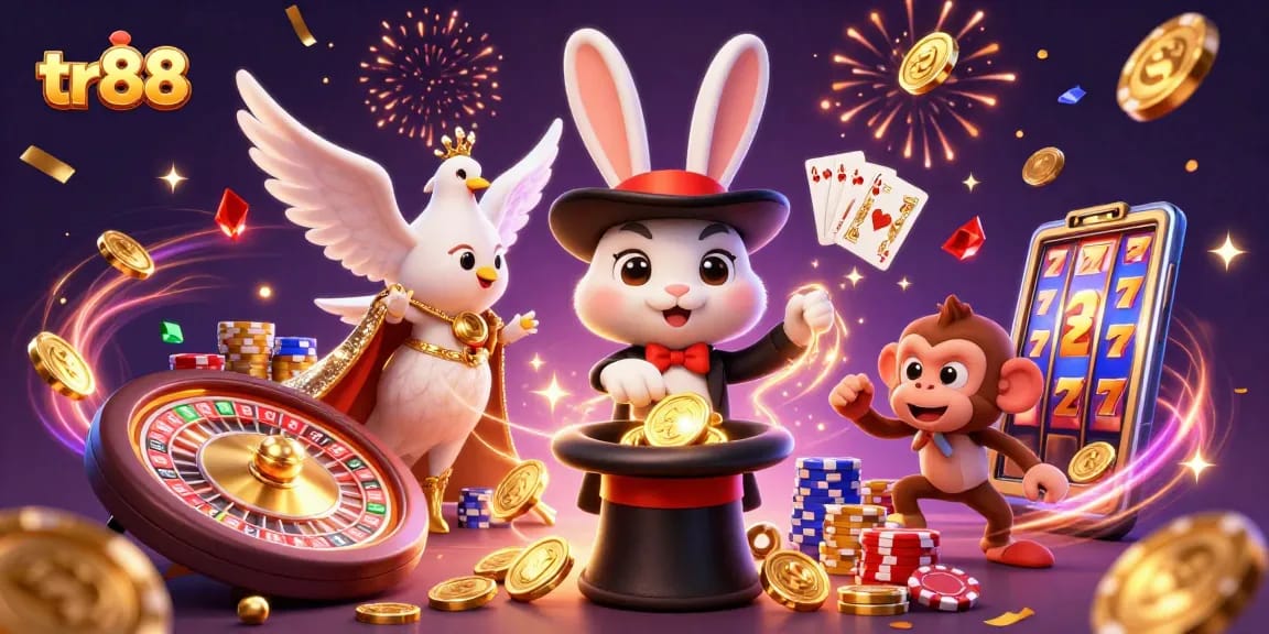 Experience the magic of tr88 with the enchanting rabbit, glamorous dove, and playful monkey in this dynamic casino scene.