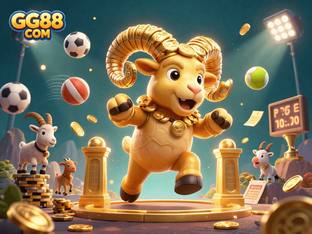 Experience the excitement of GG88 COM with golden ram charging at the casino gates amidst flying sports elements.