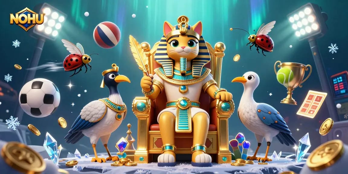 Engage with NOHU in a vibrant 3D casino scene filled with gold coins and sports elements.