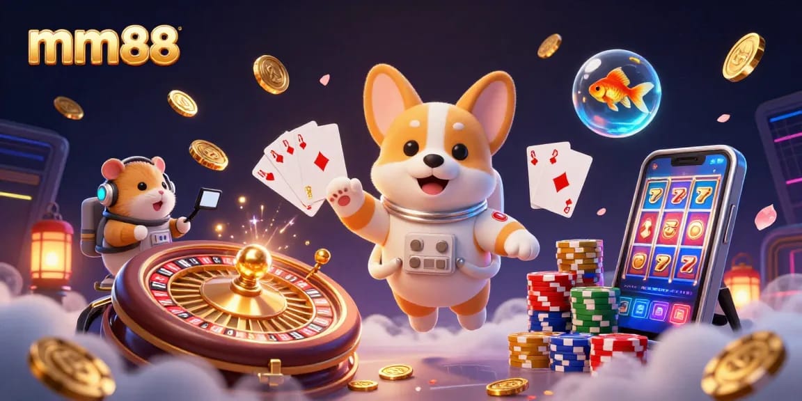 Experience mm88 with a thrilling scene showcasing an astronaut corgi in a vibrant casino atmosphere.