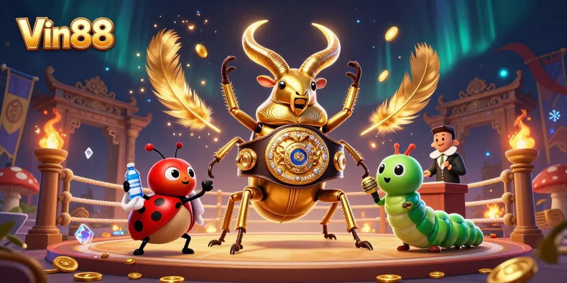 Win big with Vin88 in a vibrant casino showdown illustration featuring an epic beetle boxing match.