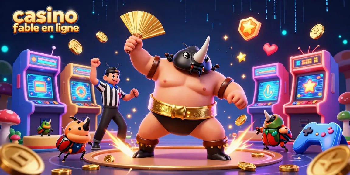 Illustration dynamique de casino fiable en ligne mettant en scène un rhinocéros sumo et des personnages amusants au milieu de machines à sous.
