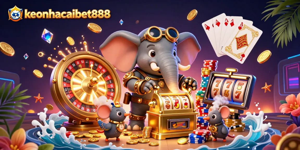 Spin the reels at keonhacaibet888 with steampunk elephants and vibrant casino action!