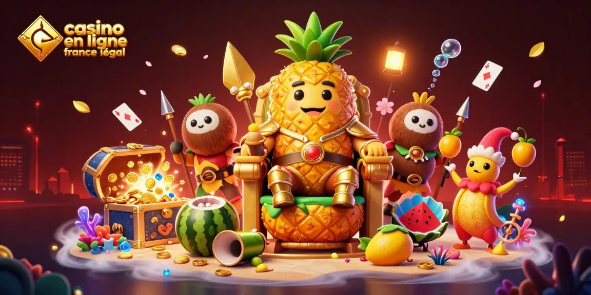 Jouez au casino en ligne France légal avec le roi ananas et ses gardes.