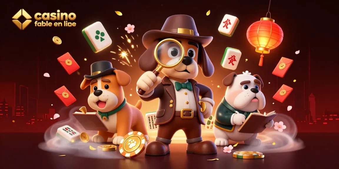 Découvrez les indices du casino fiable en ligne avec un détective cartoon et son compagnon, examinant des jetons scintillants.