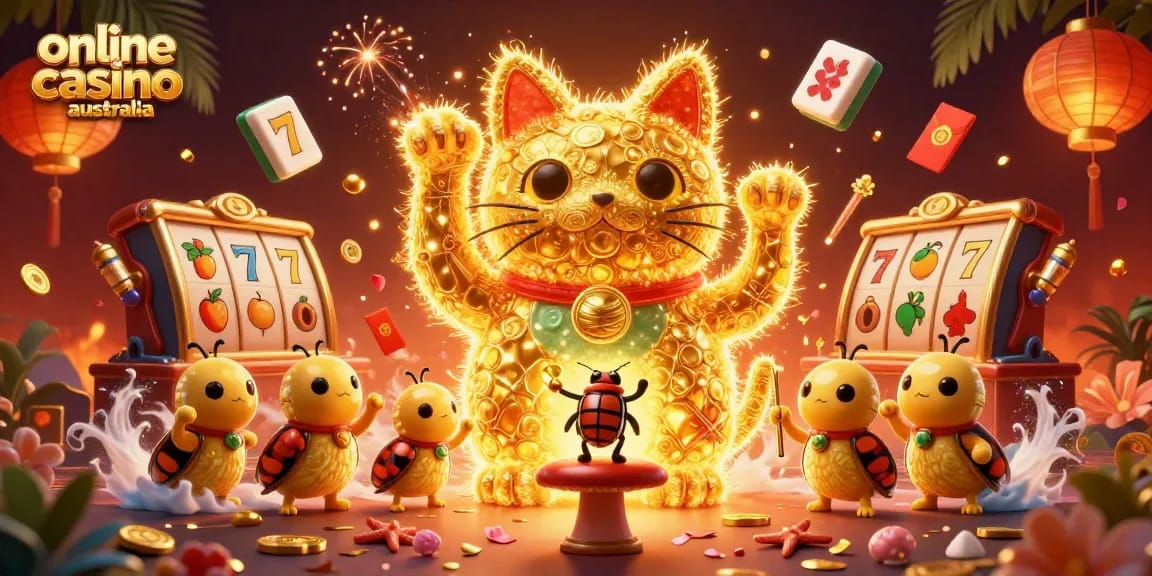 Engage in the vibrant world of online casino Australia with a dazzling scene of lucky charms and casino excitement.