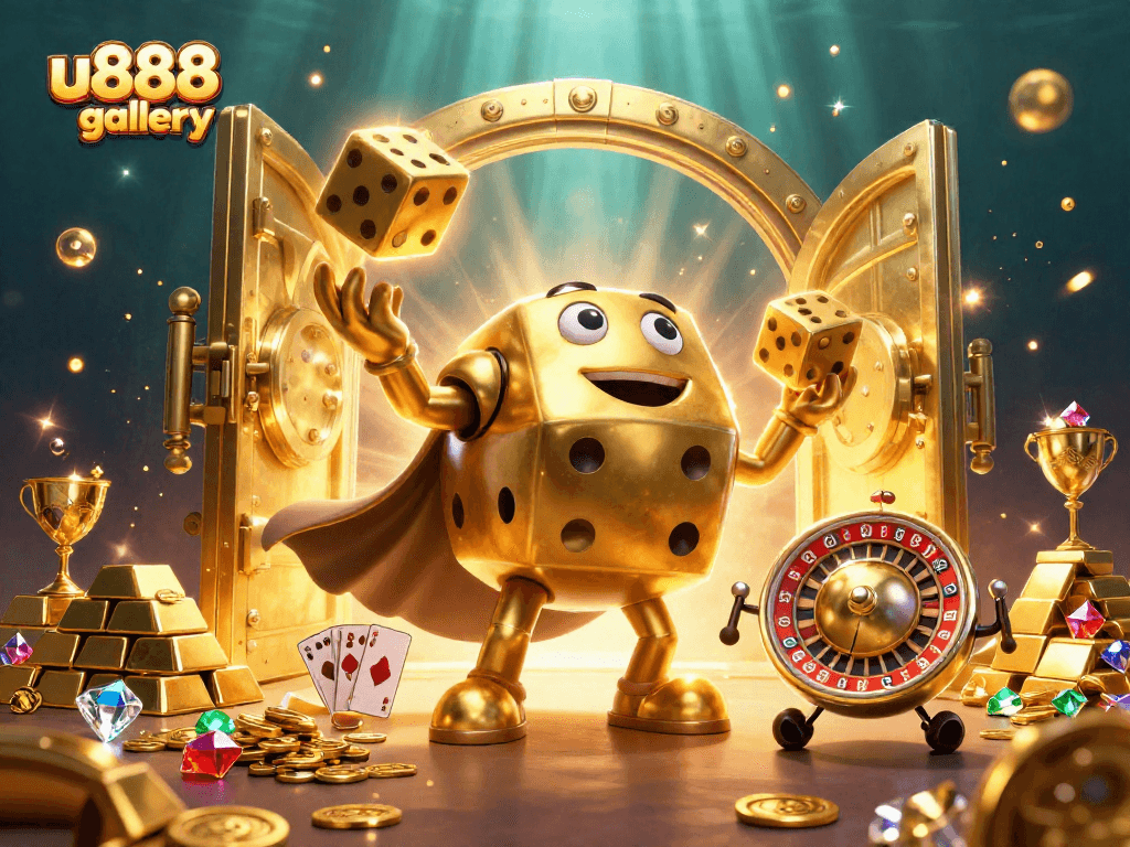 Win big at u888 gallery with golden dice golems, treasure vaults, and casino elements.