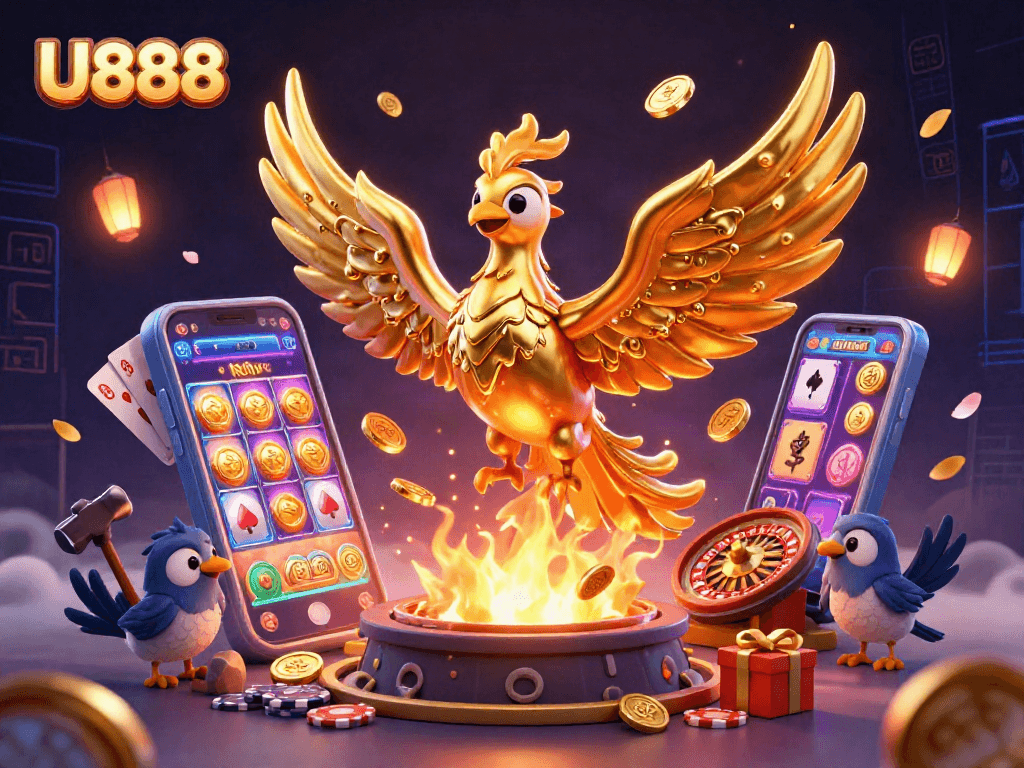 Join the excitement with U888's golden phoenix and slot games in an enchanting casino scene.