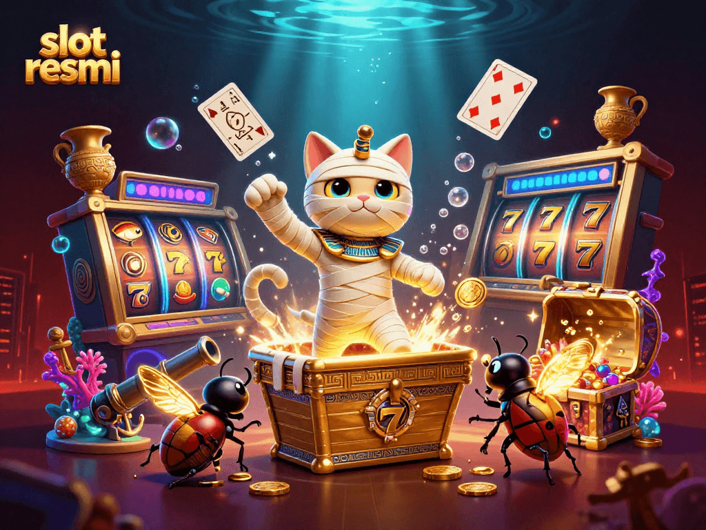 Play exciting slot resmi games with the 3D cartoon Egyptian mummy cat promoting jackpot thrills.