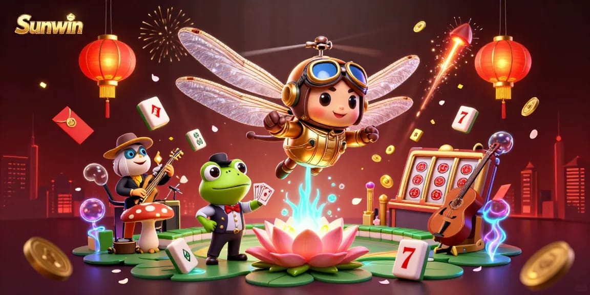Experience excitement at Sunwin with a dynamic casino scene featuring cartoon characters and vibrant 3D elements.