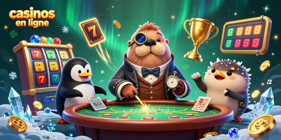Jouer aux casinos en ligne avec le morse élégant et le dealer pingouin à une table de poker sous l'eau.
