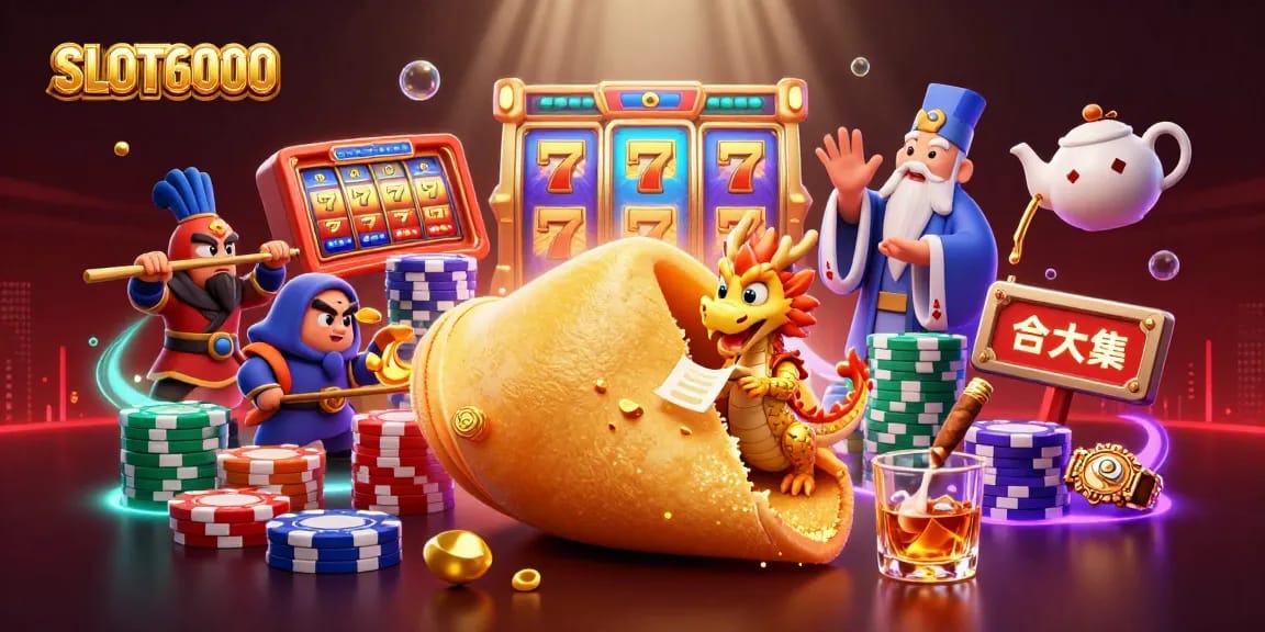 Experience the vibrant slot action and community spirit of SLOT6000 in this dynamic casino illustration.