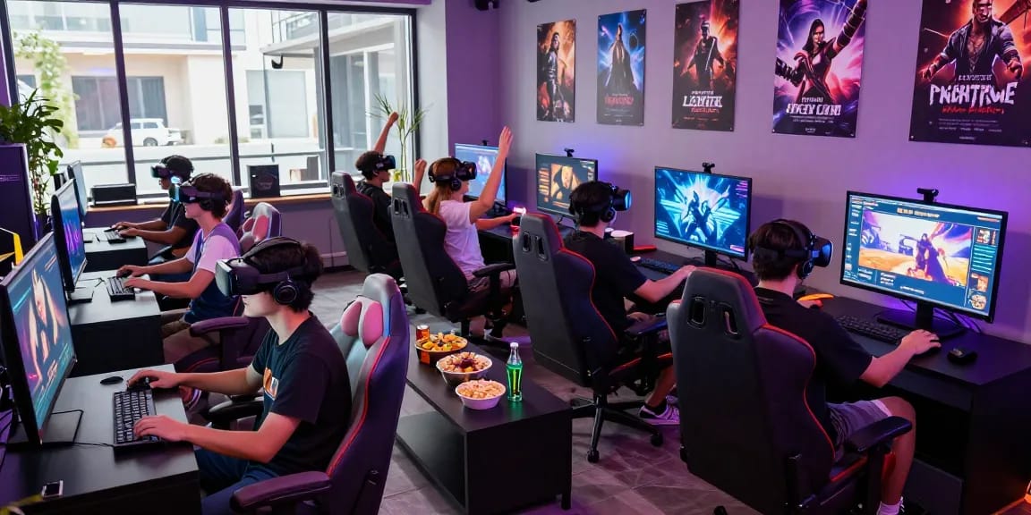 Group enjoying interactive porn games in a modern gaming lounge.