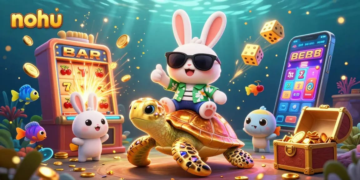 Experience gaming excitement at NohU, featuring vibrant jackpot scenes and a lucky rabbit mascot.