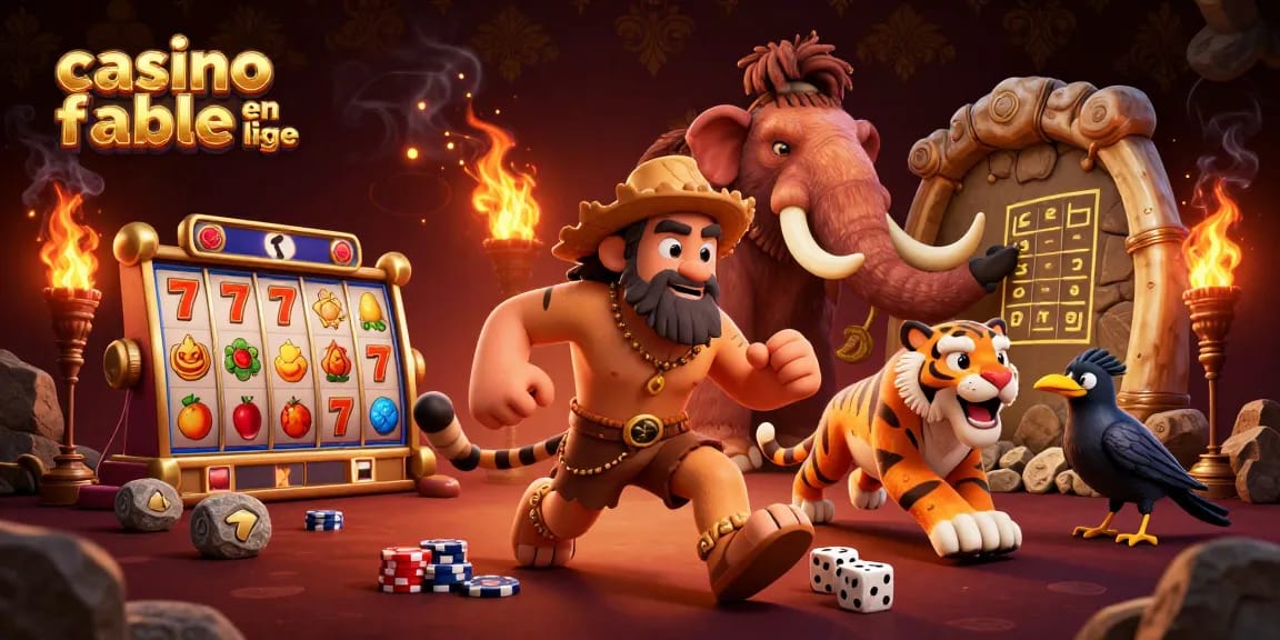 Profitez d'une expérience de jeu avec un casino fiable en ligne, illustré par un duo préhistorique.
