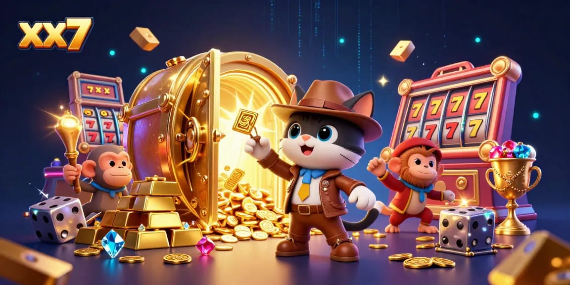 Engage with xx7’s adventurous slot game treasures amid vibrant golden artifacts.