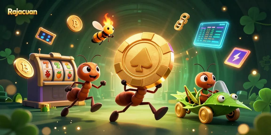 Menggenggam chip poker emas, Rajacuan menghadirkan energi dinamis judi dengan laba-laba slot dan simbol buah.