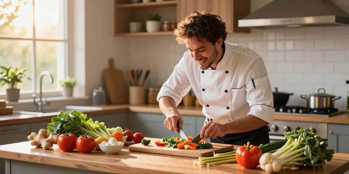 เว็บสล็อต แท้ 100 เปอร์เซ็นต์ showcases a chef preparing nutritious meals with fresh ingredients in a warm kitchen.
