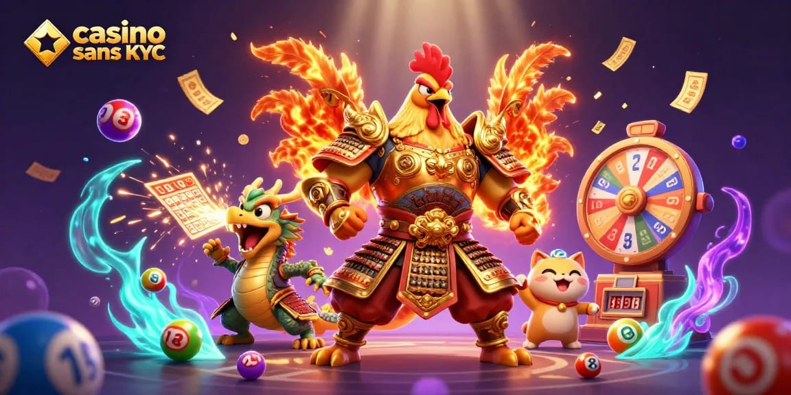 Plongez dans l'excitation du casino crypto sans KYC avec un combat de coqs et un dragon dans une scène vibrante.