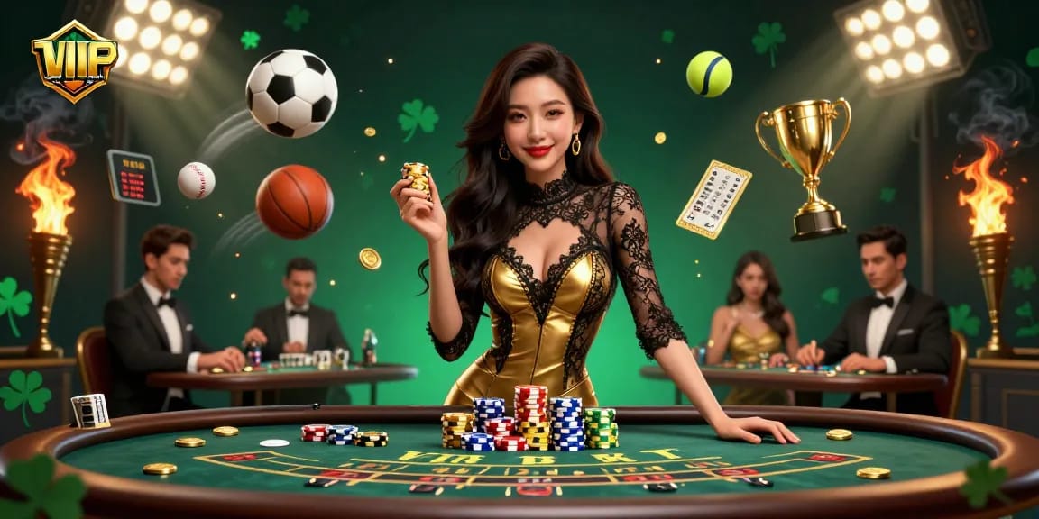 Betting on ty le keo nha cai with confident Asian woman at high-stakes baccarat table, surrounded by dynamic sports elements.