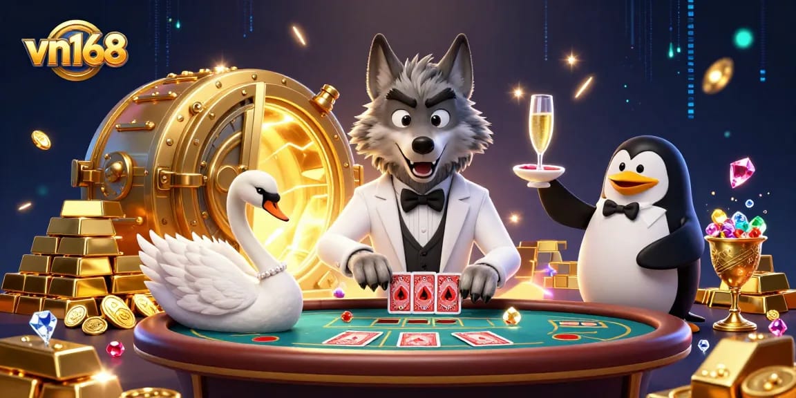 Play exciting games at vn168 with a wolf dealer, swan dealer, and penguin sommelier in a rich casino backdrop.