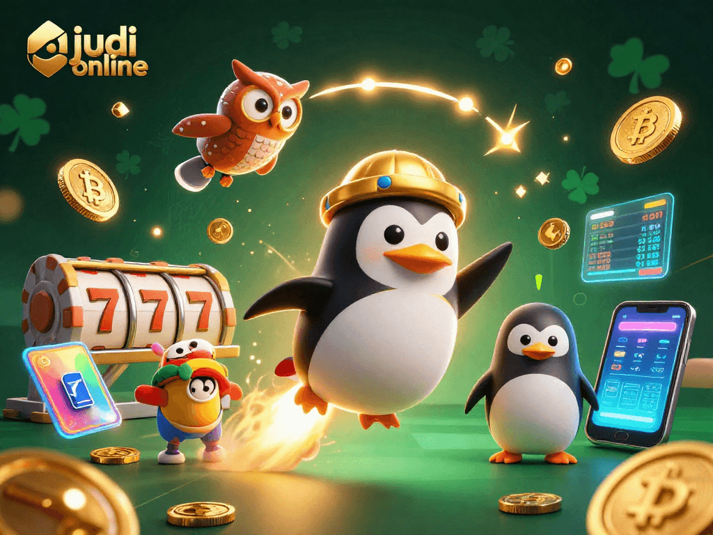 Experience exciting judi online gaming with a golden penguin and a vibrant casino backdrop.