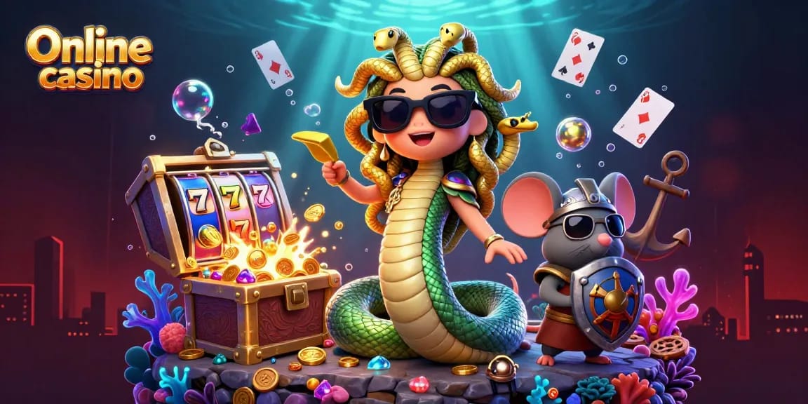 Online casino adventure showcasing Medusa and a warrior amidst vibrant slot game elements and gold treasures.