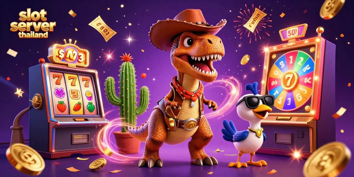 Engaging scene with characters celebrating on a slot server thailand, showcasing vibrant slot items and jackpots.